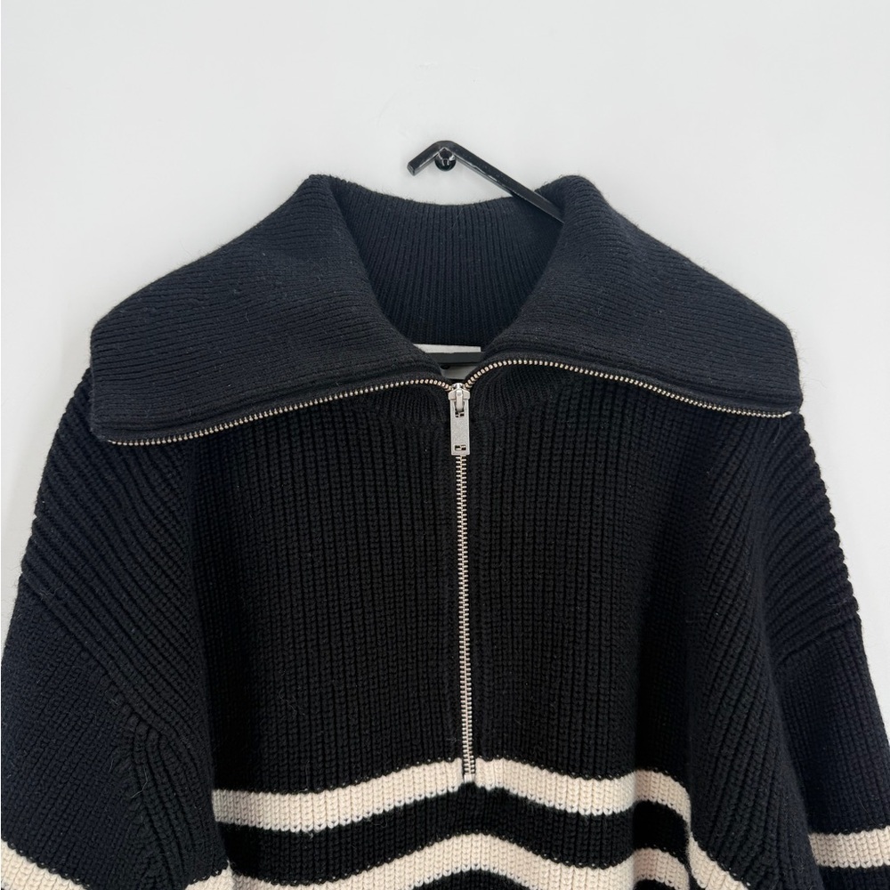 Cos Wool Blend Half Zip Stripe Wide Spread Collar Knit Sweater In Black